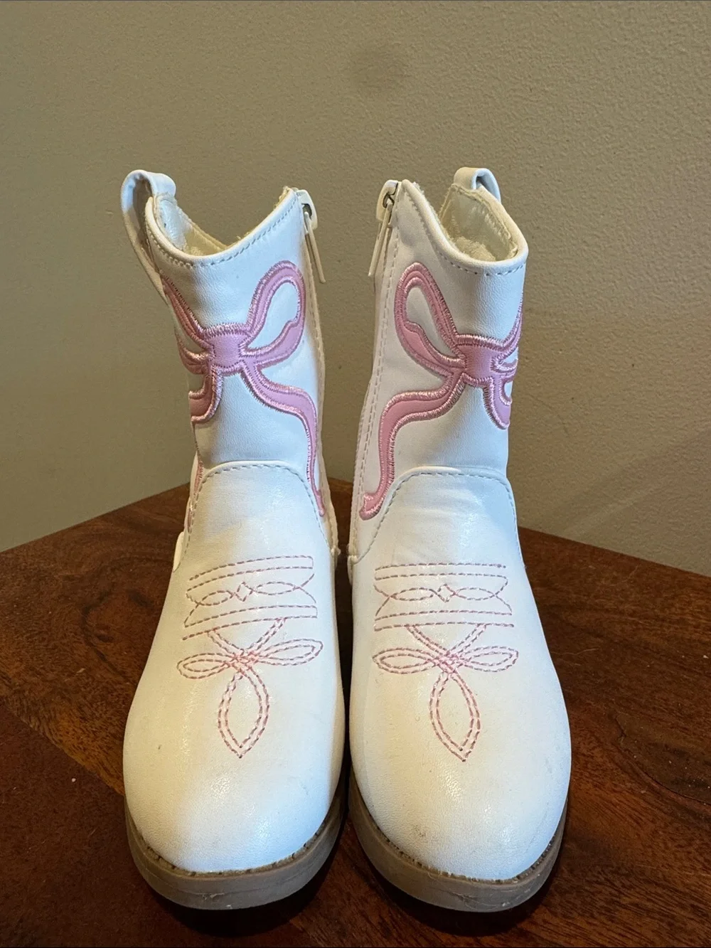 White Kids Cowboy Boots with Pink Embroidery